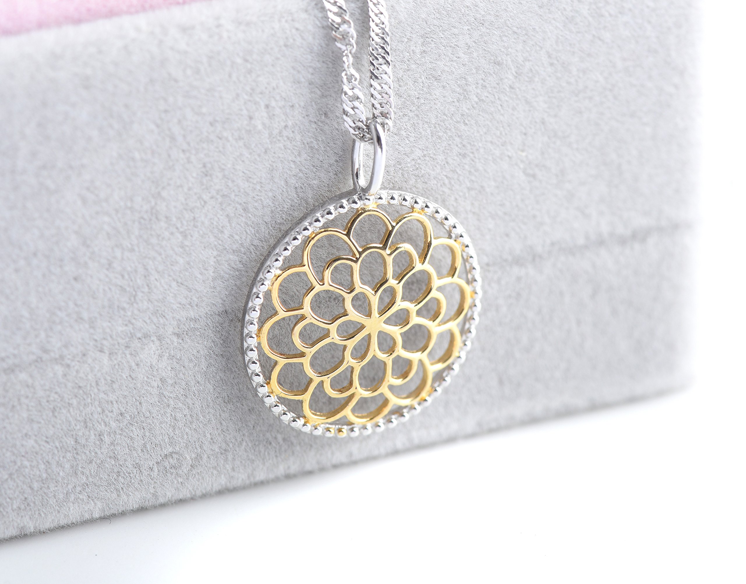 Sterling Silver and 18K Gold Bali Inspired Filigree Round Circle Floral Pendant Necklace, Best Jewelry for Women, 16/18