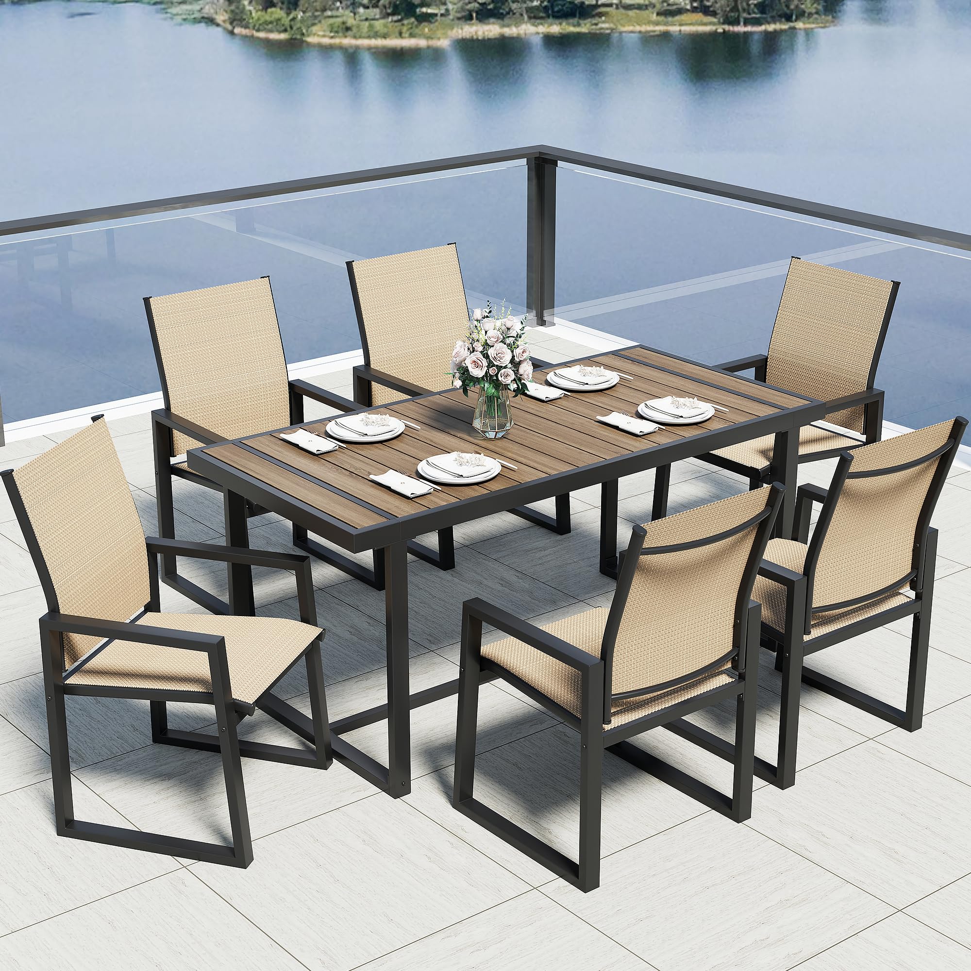 Photo 1 of *** TWO BOXES *** Jocoevol 7 Piece Patio Dining Set for 6, Outdoor Furniture Set Includes 67" Rectangle Patio Table and 6 Textilene Dining Chairs, Outdoor Table and Chairs for Outsides, Backyard, Garden and Poolside