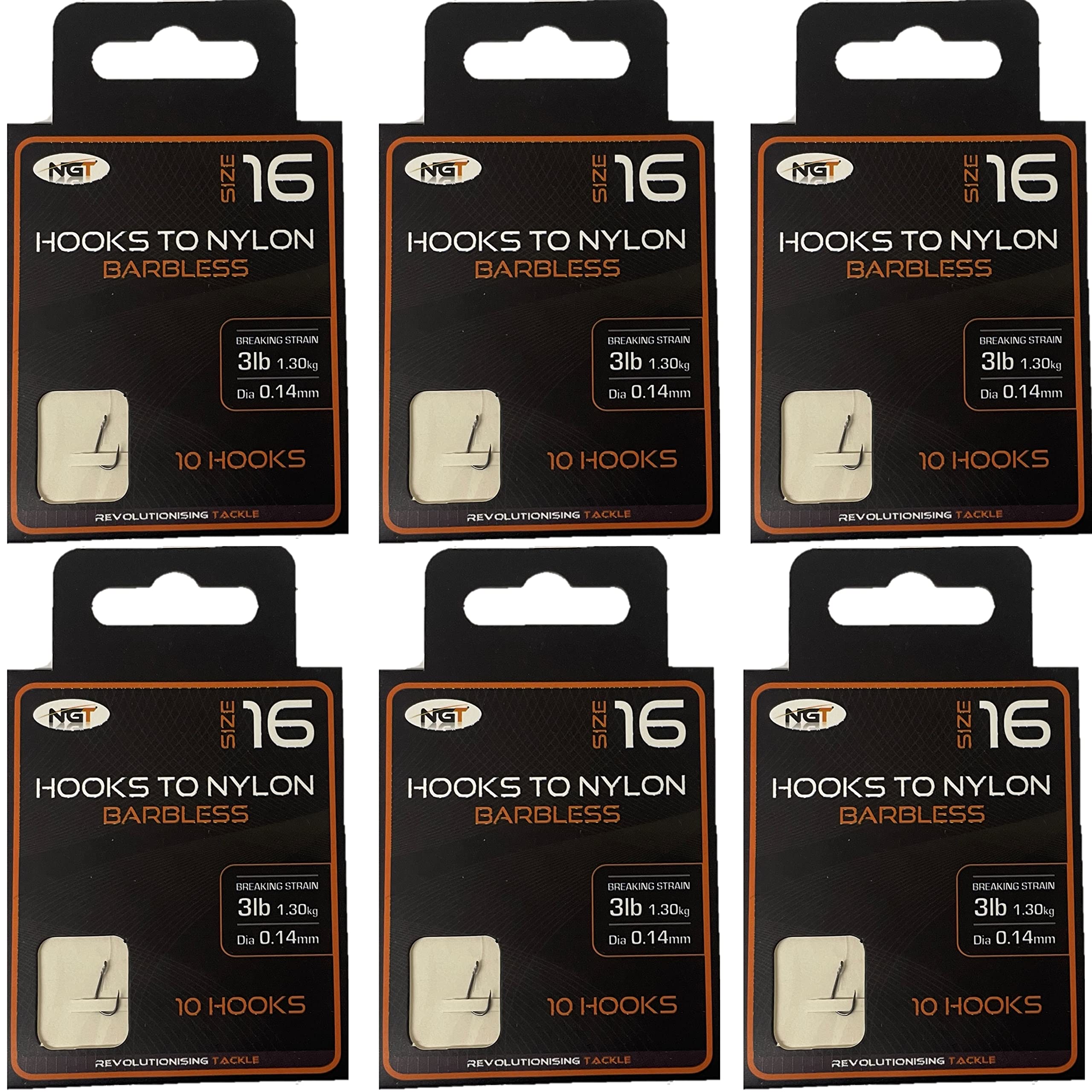 60 x NGT Barbless Hooks To Nylon Size 16 Carp Coarse Fishing Tackle 6 Packs Of 10