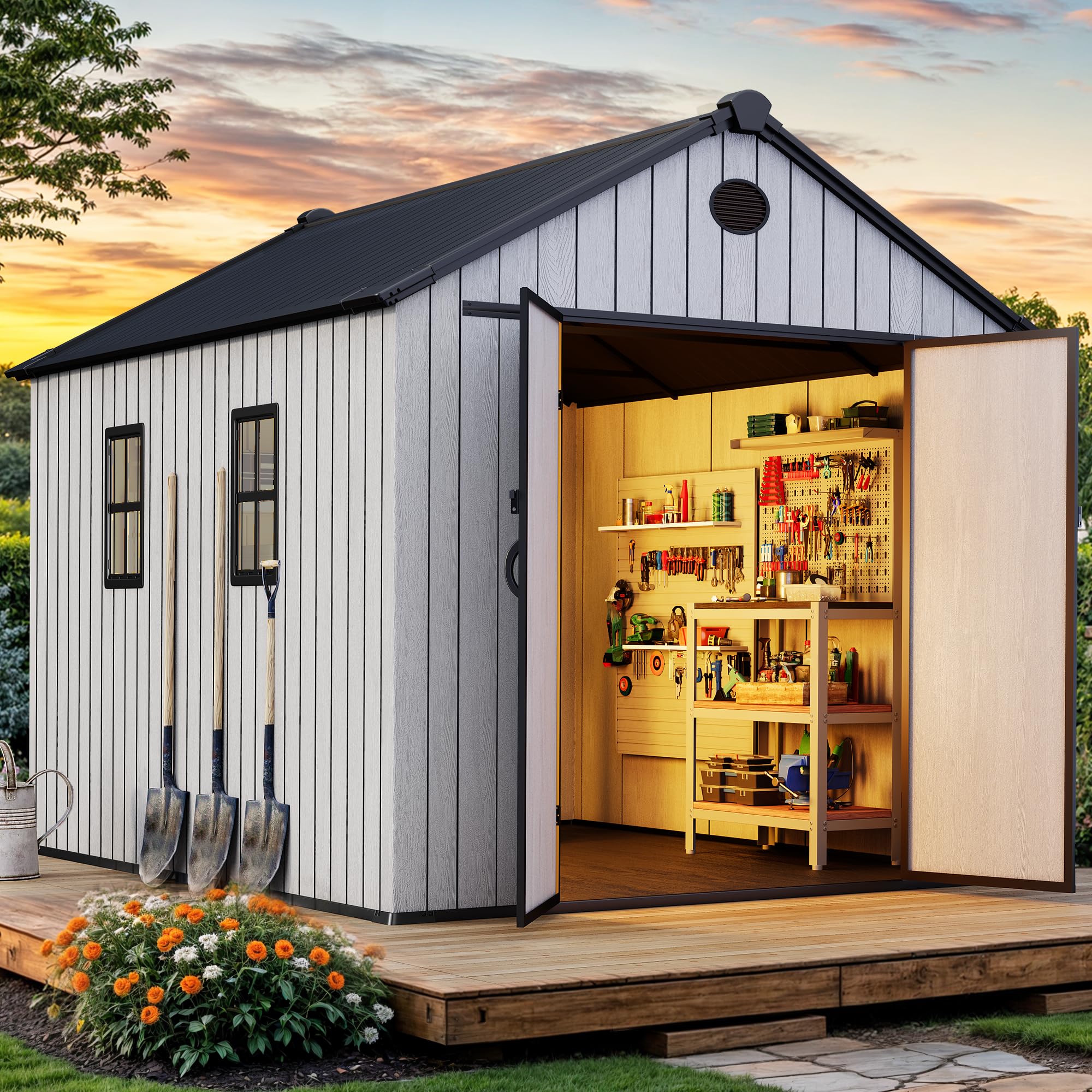 Photo 1 of ***FOR PARTS******PARTIAL SET - PRICE ADJUSTED****YITAHOME 8x10 FT Outdoor Storage Shed with Floor, Plastic Garden Shed for Bikes, Tools, Supplies, Waterproof Resin Shed with Lockable Doors, 2 Windows & 2 Vents for Patio, Backyard, 556 cu. Ft., Gray