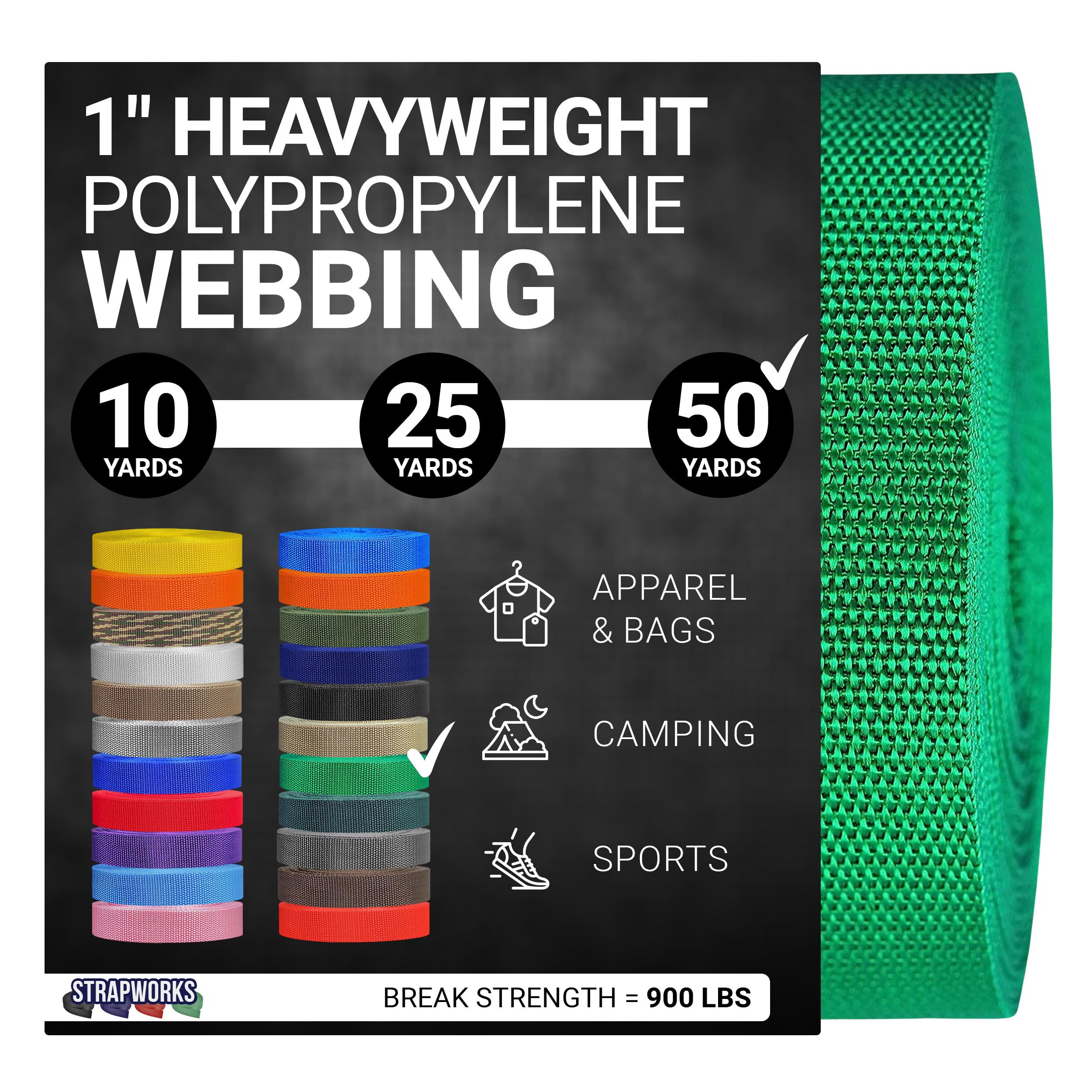 Strapworks Heavyweight Polypropylene Webbing - Heavy Duty Poly Strapping for Outdoor DIY Gear Repair, 1 Inch x 50 Yards - Kelly Green