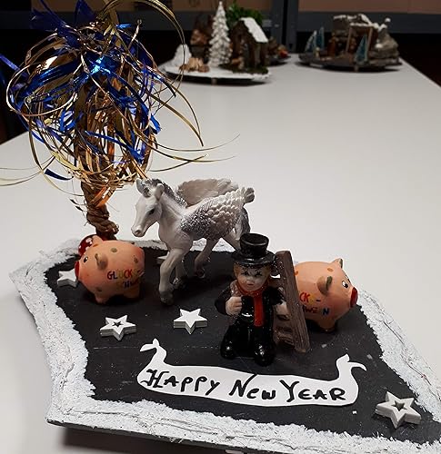 Schiefer Insel Silvester Mit Gluckschweinchen Pegasus Und Schornsteinfeger Mit Licht Schieferinsel Amazon De Handmade