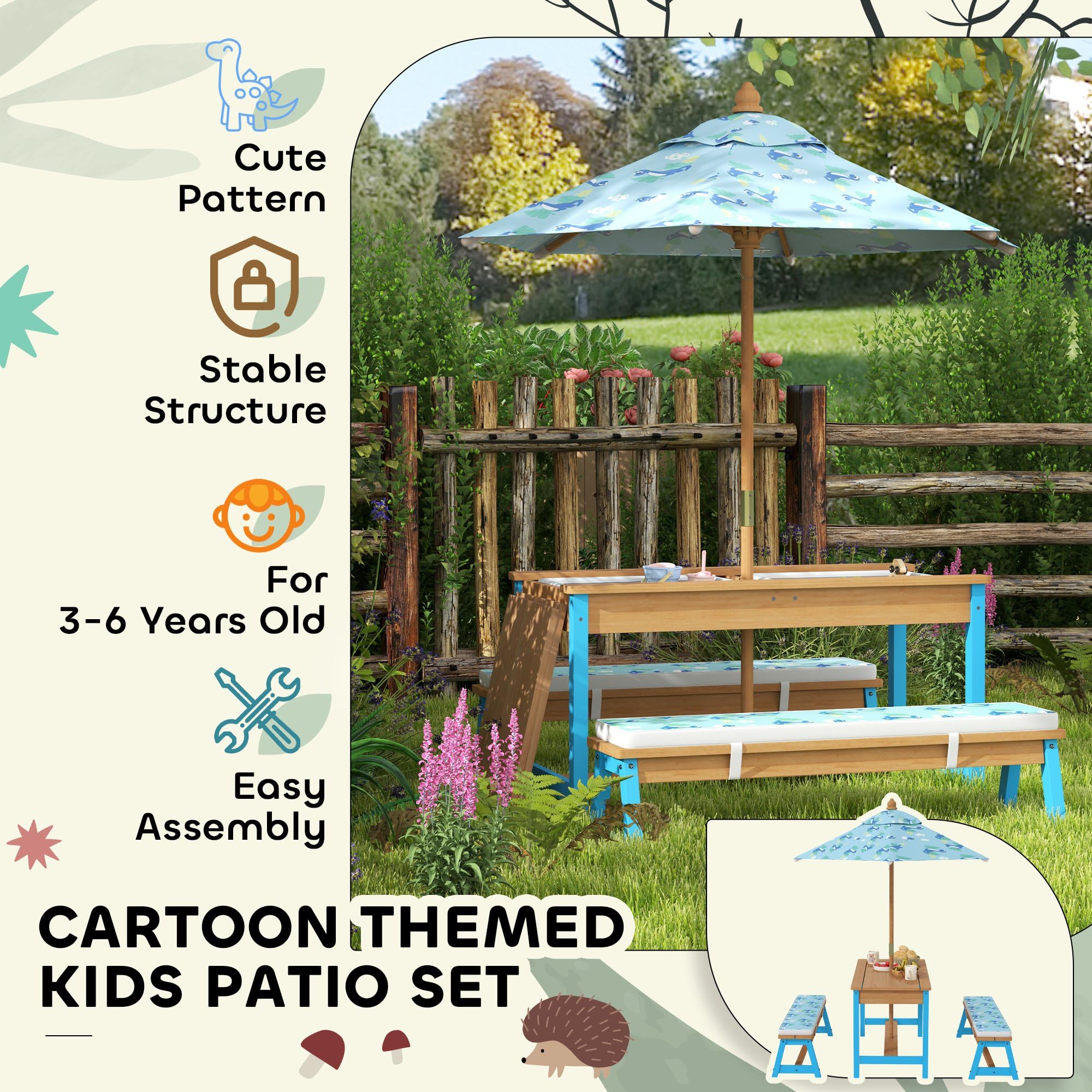 Qaba Kids Picnic Table, Wooden Table and Bench Set with Foldable Umbrella, Removable Cushions & Boxes, Dinosaur Theme Children Activity Table Outdoor Furniture for Patio, Blue