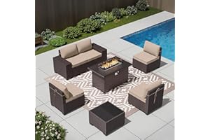 RTDTD Outdoor Patio Furniture Set with Propane Fire Pit Table, 7 PCS Outdoor Furniture Patio Sectional Sofas Conversation Sets w/ETL Approved 43" Gas Outdoor Fire Table & Coffee Table Brown.