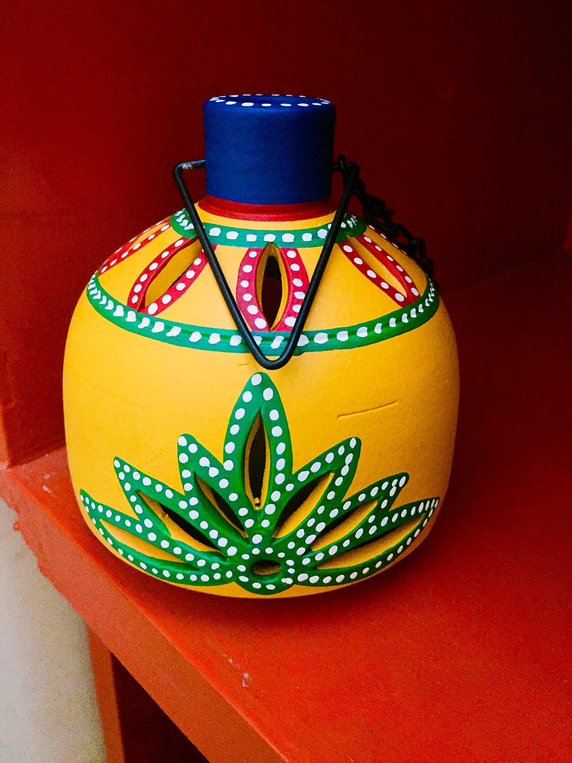MittiBazaar Exclusive Traditional Home Decorative Handmade Votive Candle Tea Light Holder Earthenware Unique Festive Decor Hand Painted Designer Votive Diwali Decor Matki Shape Hanging Tealight