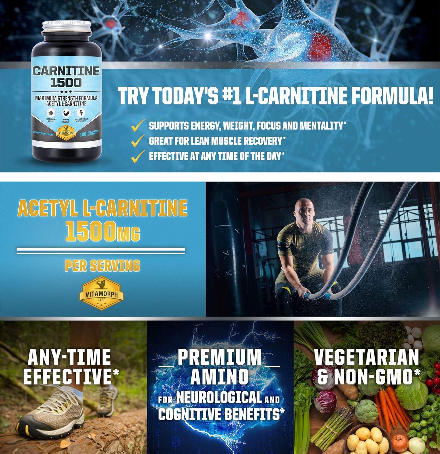 Carnitine 1500 - Acetyl L-Carnitine 1500mg Maximum Strength Carnitine Supplement - Supports Energy, Memory, Focus and Weight Loss Management by Vitamorph Labs - 120 Vegetarian Capsules: Health & Personal Care