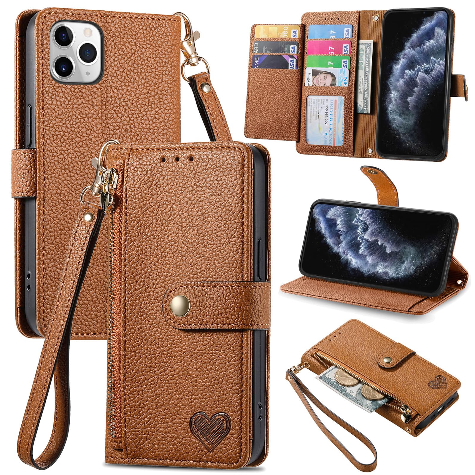 VEEMOS Zipper Wallet Case for Apple iPhone 11 Pro Max Phone Case with Purse Card Holders RFID Blocking Leather Flip Case Book Cover Wrist Strap Women - Brown