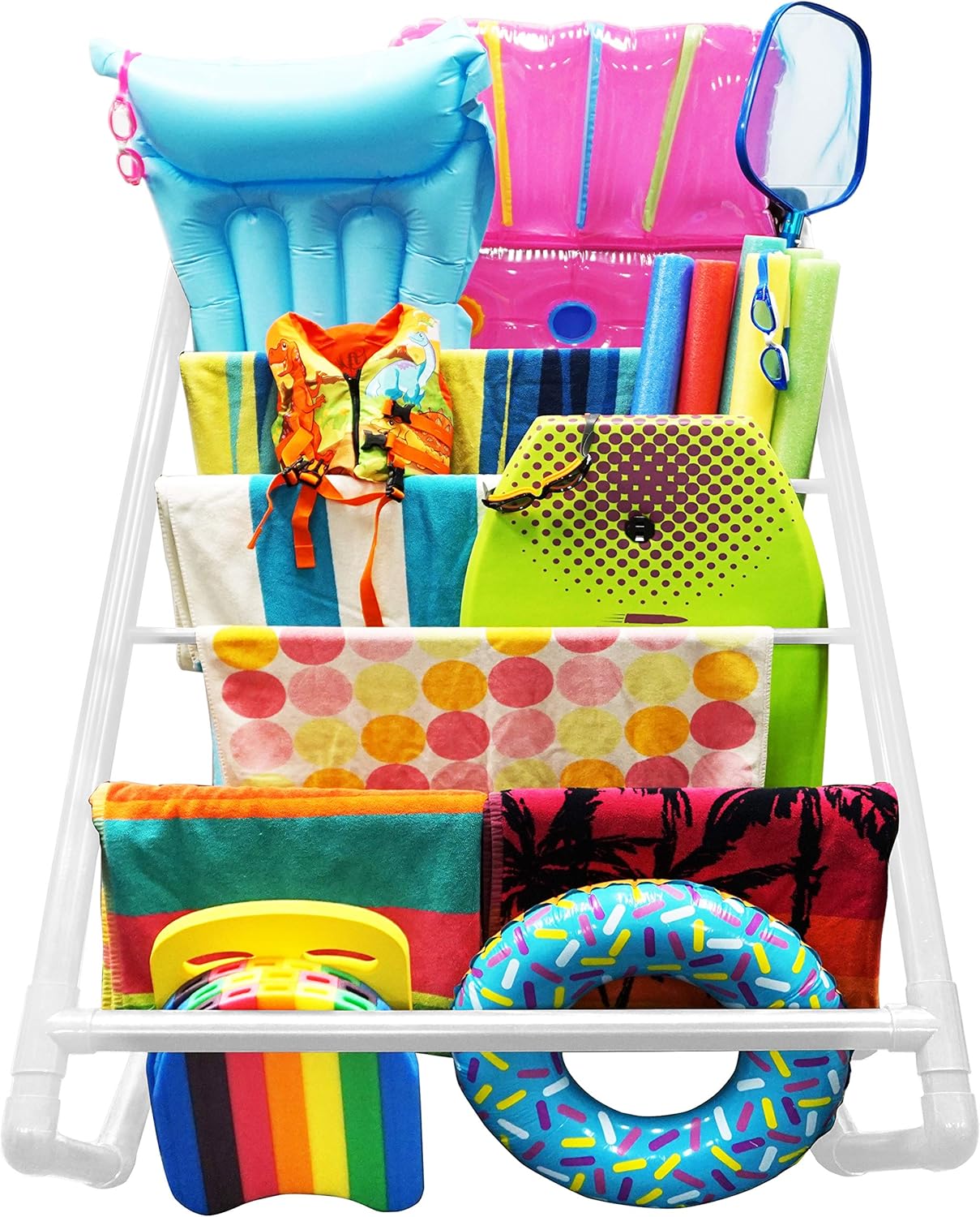 Essentially Yours 7 Bar Towel Rack - Pool Float Storage and Drying Rack | Free Standing Jumbo Pool Organizer (White)