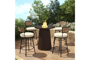 PIZZELLO 5-Piece Patio Swivel Bar Set with 37" Height Propane Round Firepit Table and High Swivel Stools Chair Set of 4, Outdoor High Top Bistro Set for Poolside, Garden, Balcony(Brown)