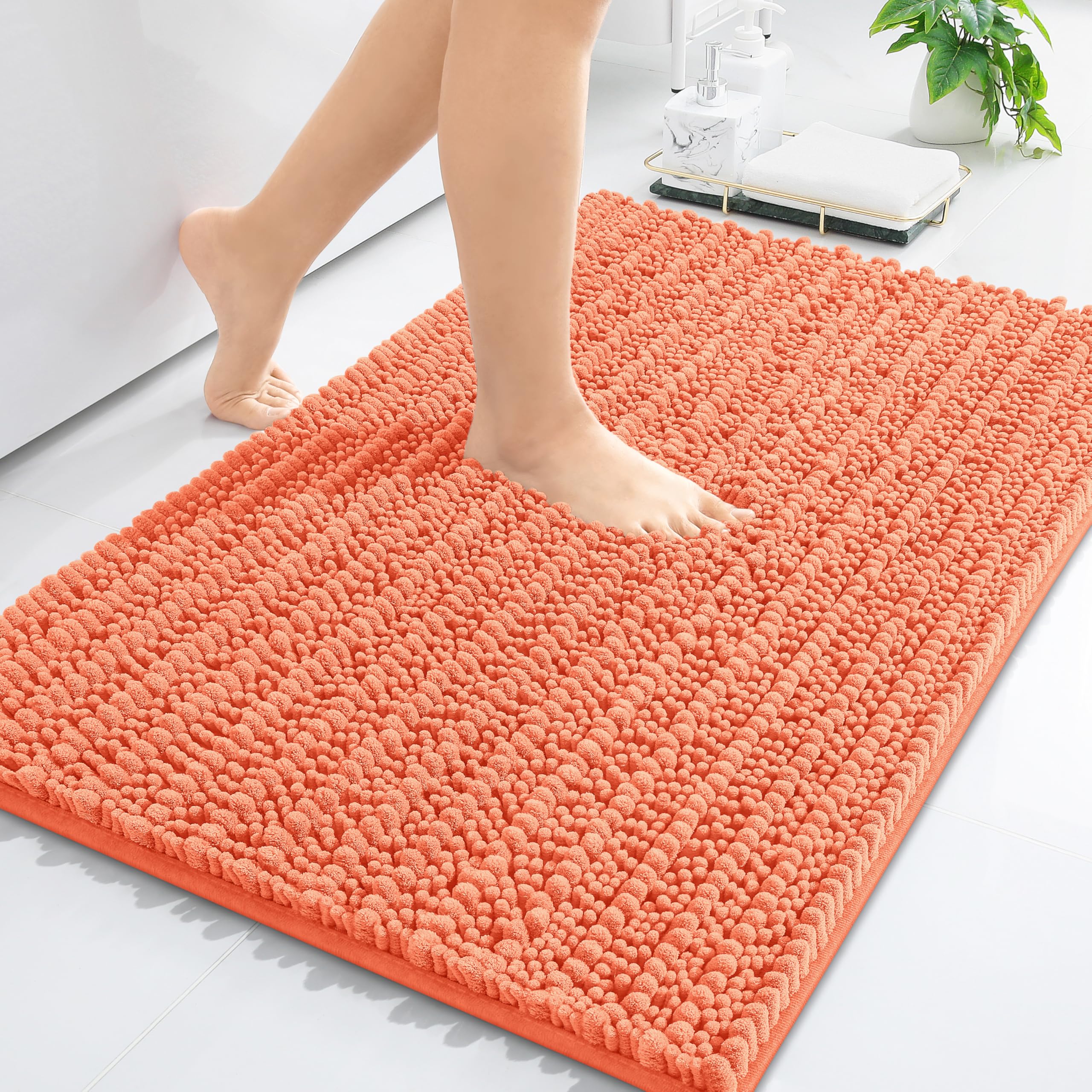 Photo 1 of Arotive Luxury Chenille Bathroom Rug Mat, Extra Soft Thick Absorbent Shaggy Bath Rugs, Non-Slip Machine Wash Dry, Plush Bath Mats for Bathroom, Shower and Tub, 24x16, Coral