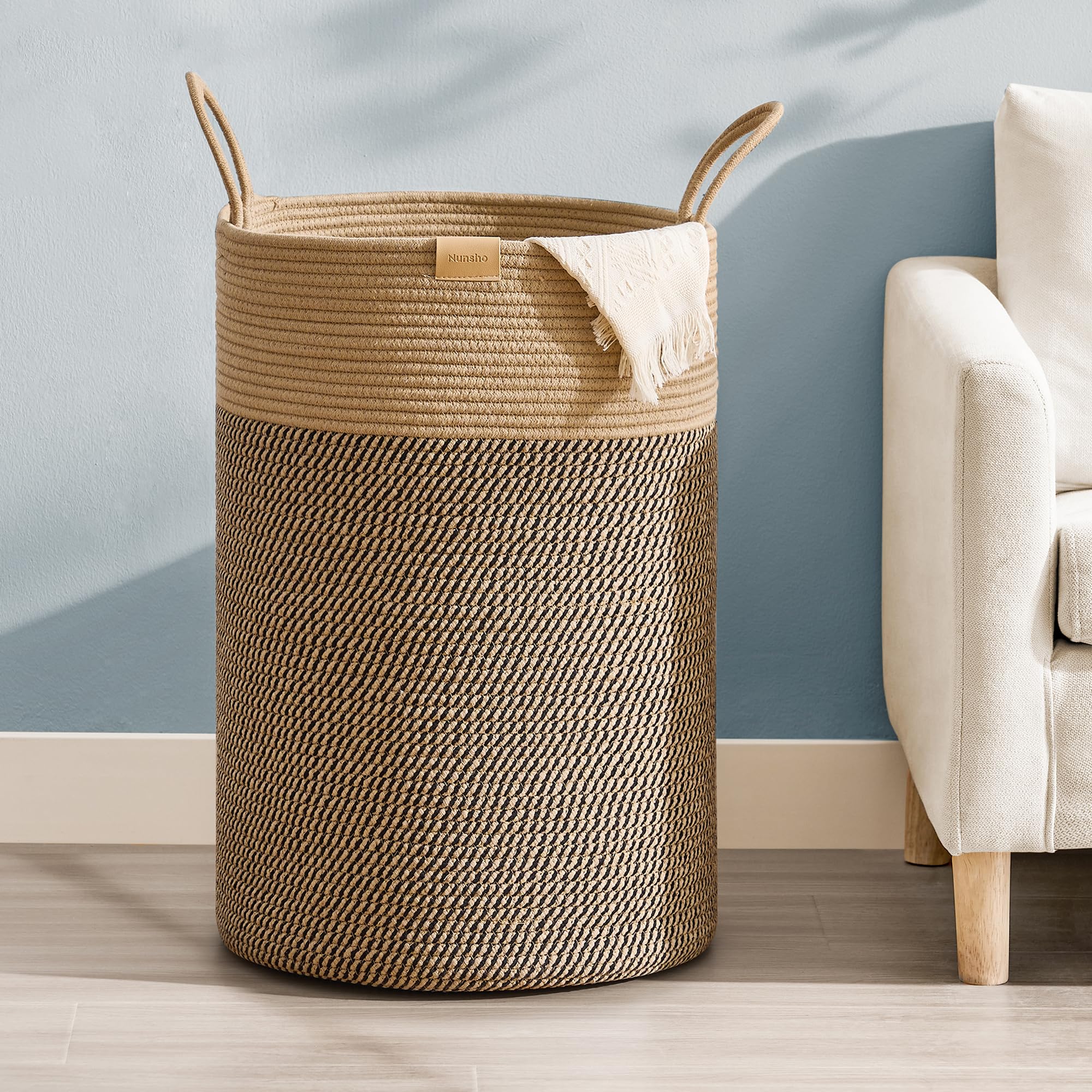 Photo 1 of Nunsino Laundry Hamper 75L,Large Laundry Basket for Clothes,Decorative Storage Basket for Blankets,Cotton Rope Woven basket for bedroom,Dark Brown