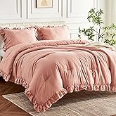 HOLYZONE Blush Pink Double Ruffle Comforter Set Twin Size, 2 Pieces Rustic Vintage Farmhouse Shabby Chic Bedding Sets, All Season Soft Fluffy Lightweight Comforter Sets for Twin Bed