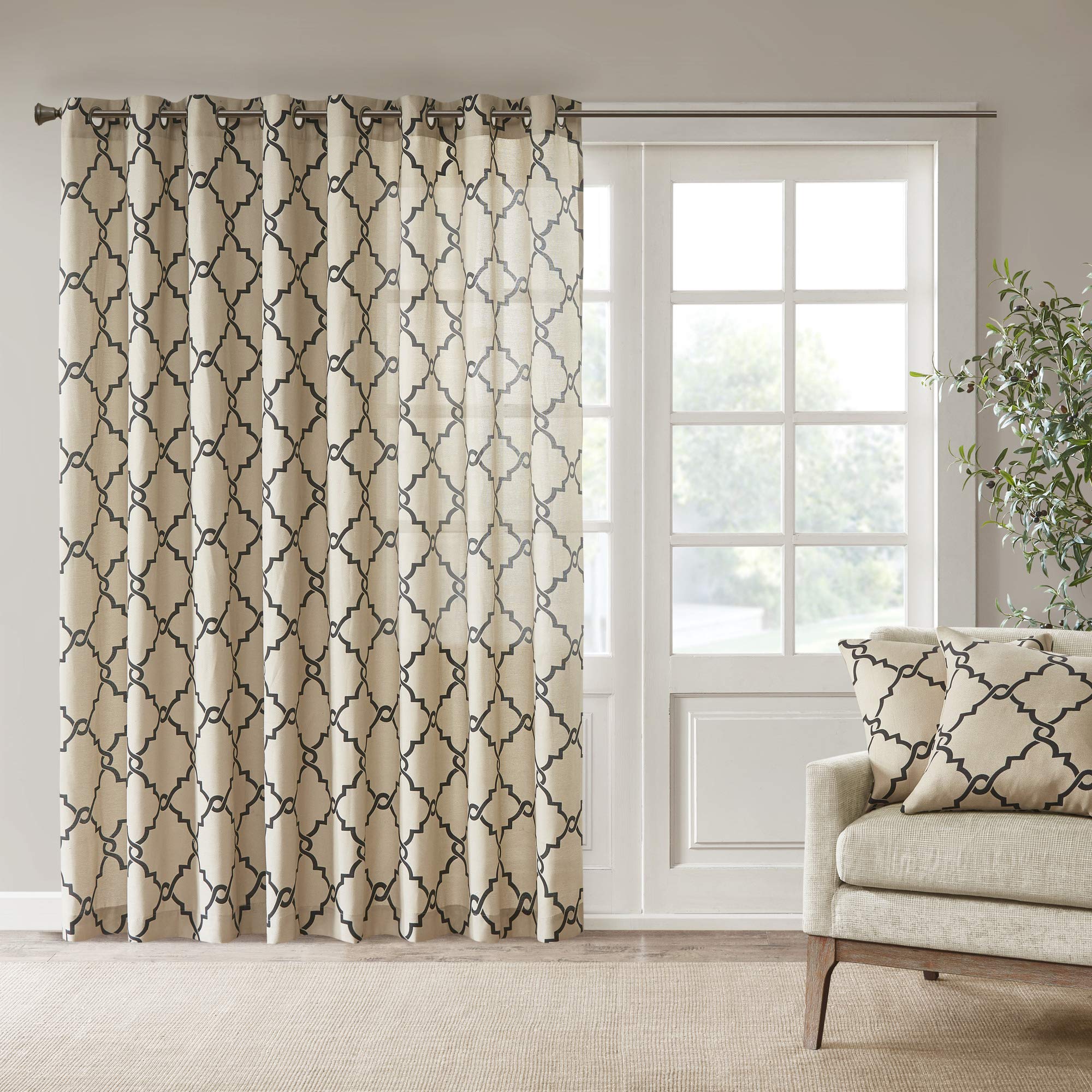 Madison Park Saratoga Single Window Curtain Light Filtering Fretwork Print 1 Panel Grommet Top Drape for Living Room Bedroom and Dorm, 100x84, Khaki
