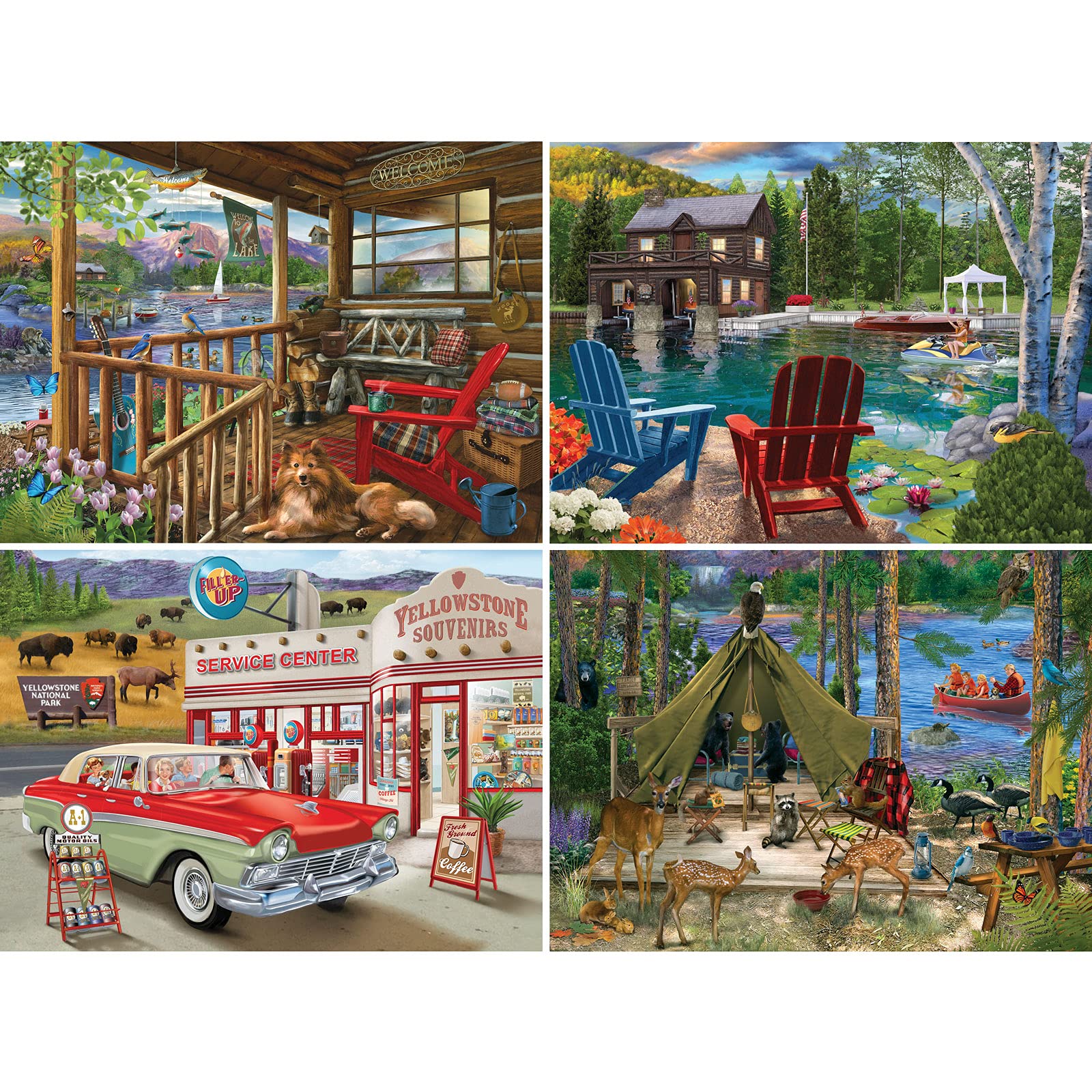 Bits and Pieces - Multipack 4-in-1 Puzzle Set 1000 Piece Jigsaw Puzzles for Adults - Each Puzzle Measures 51cm x 69cm- Country Travel Lake Cabin Vacation Jigsaws by Artist Bigelow Illustrations