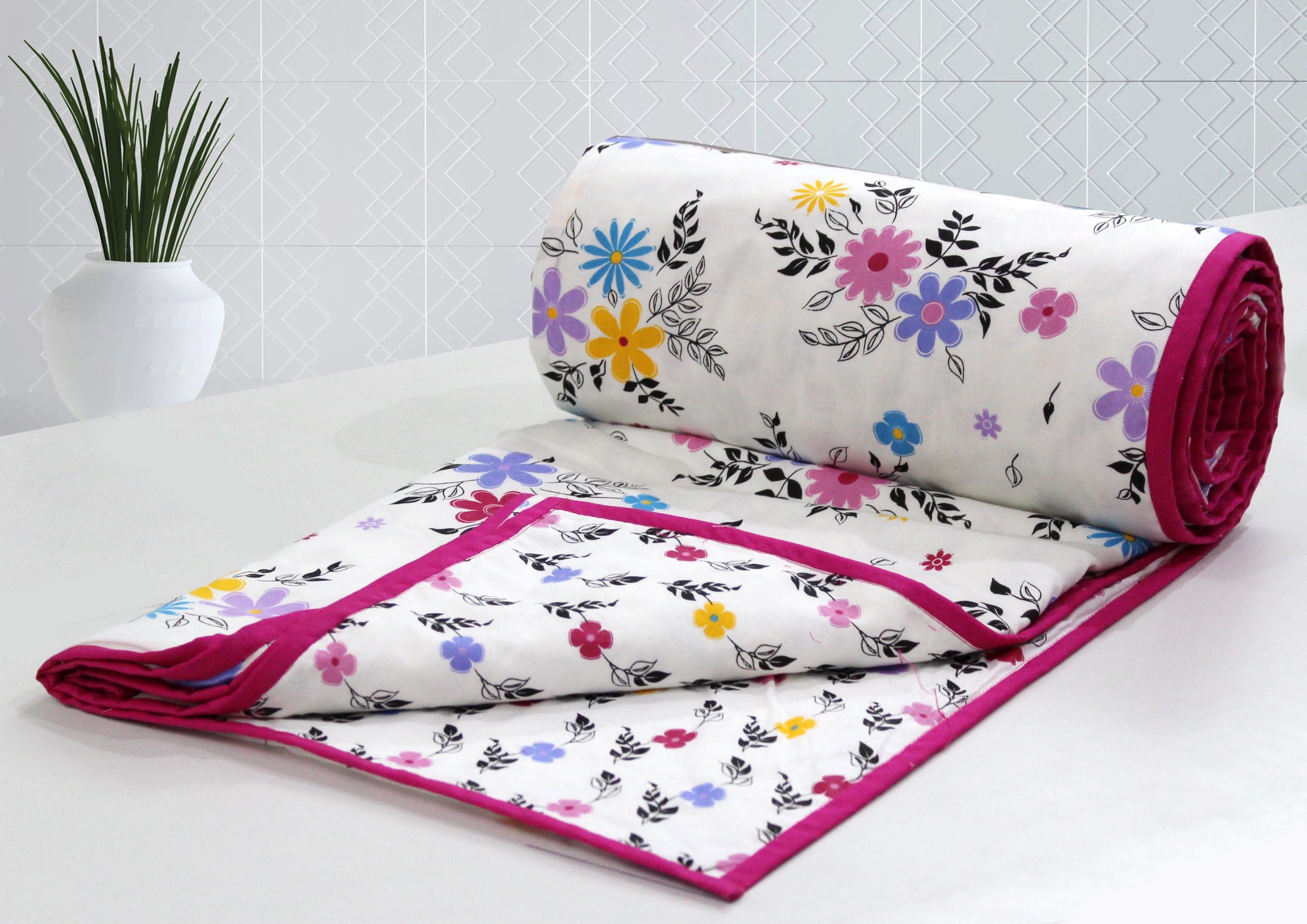 ARV Heavy Combed Cotton Camric Bedding Comforter 1 Piece Floral Reversible Dohar/Quilts / Ac Blanket- Single, Pink
