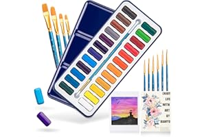 Bianyo 24 Colors Watercolor Paint Set with 11 Pcs Art Brushes, 8 Pcs Watercolor Paper, a Watercolor Paper Swatch and a Zipper File Bag for Kids Students Hobbyists Amateurs