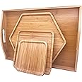 PAFREWOG Bamboo Serving Trays Charcuterie Platter 16.5"x11.8"(42x30cm with Handle, Set Includes 1xHexagon 12.5"(32cm)+1xSquar