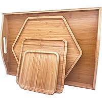 PAFREWOG Bamboo Serving Trays Charcuterie Platter 16.5"x11.8"(42x30cm with Handle, Set Includes 1xHexagon 12.5"(32cm)+1xSquar