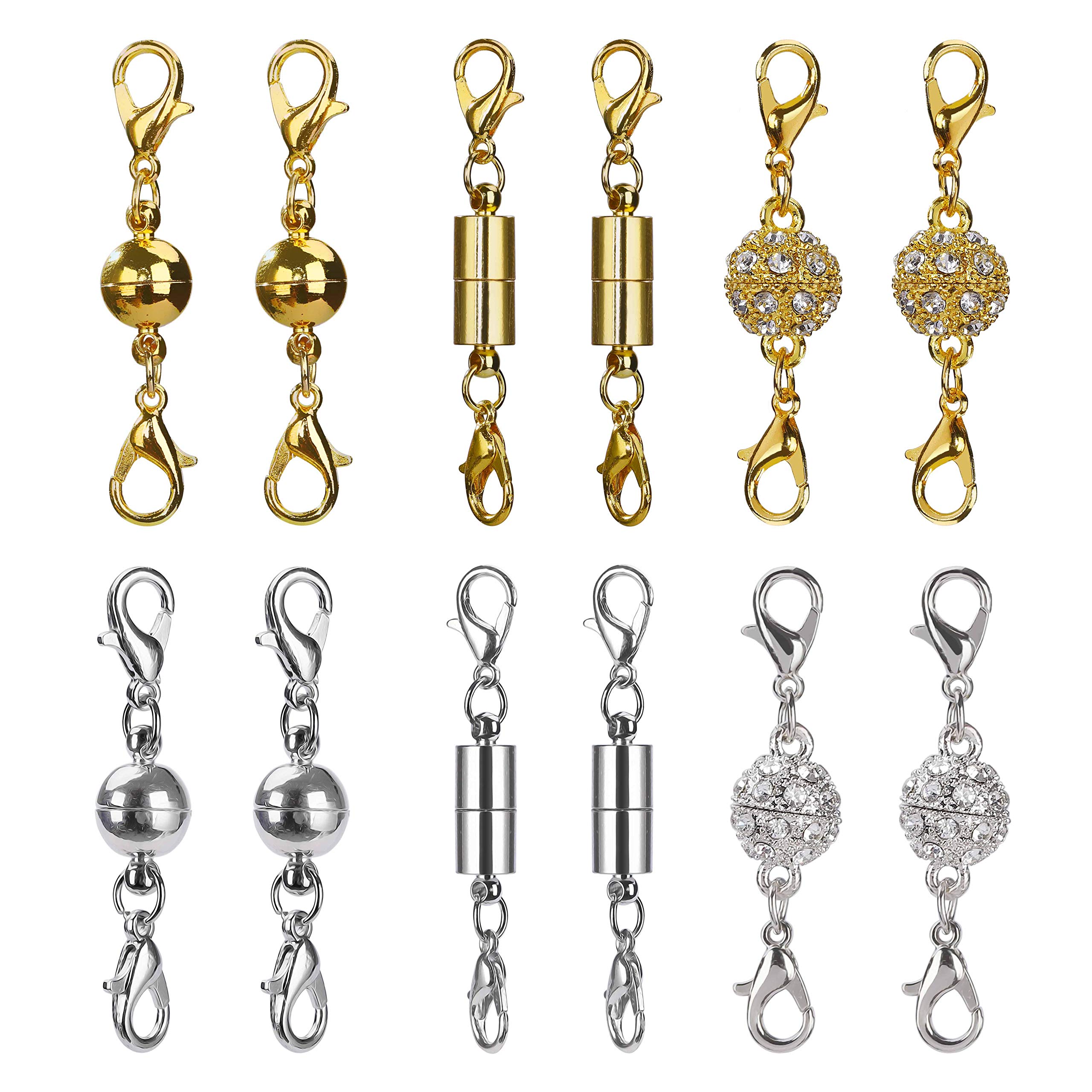 Magnetic Jewelry Clasps Magnetic Lobster Clasps for Necklace Bracelet Jewelry Making Rhinestone Ball Style, Cylindrical and Ball Tone (Gold and Silver) 12 Pieces
