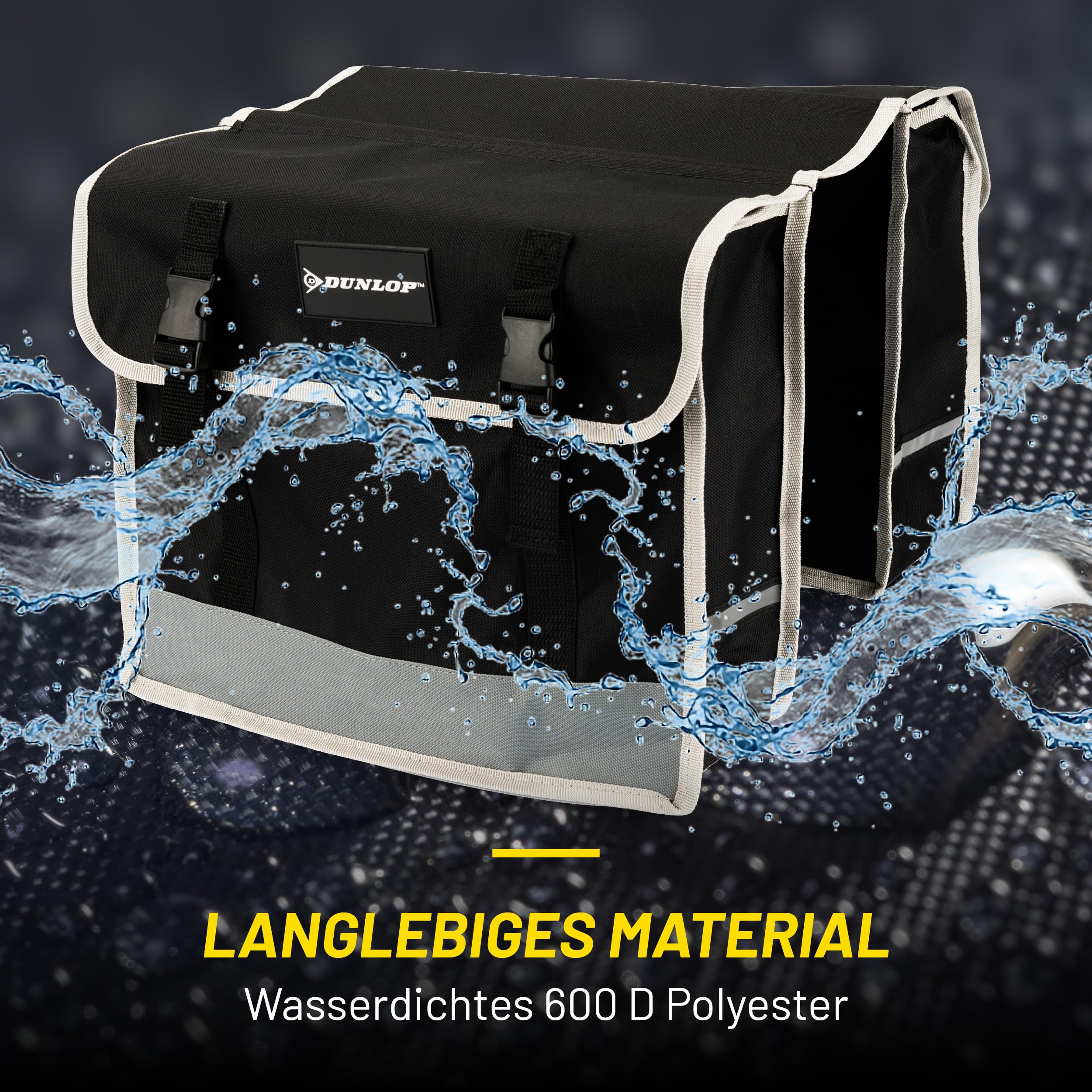 DUNLOP Fahrradtasche Doppel Wasserdicht - Gepäckträgertasche 36x30x12cm - Nylon Fahrradtaschen mit Reflektierenden Streifen für Sicherheit - Klettverschluss Einfach - Schwarz 5