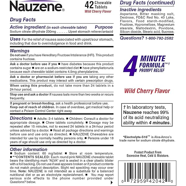 NAUZENE NON-DROWSY UPSET STOMACH & NAUSEA RELIEF CHEWABLE TABLETS – FAST-ACTING RELIEF IN 4 MINUTES – DOCTOR RECOMMENDED – WILD CHERRY FLAVOR, 42 CT