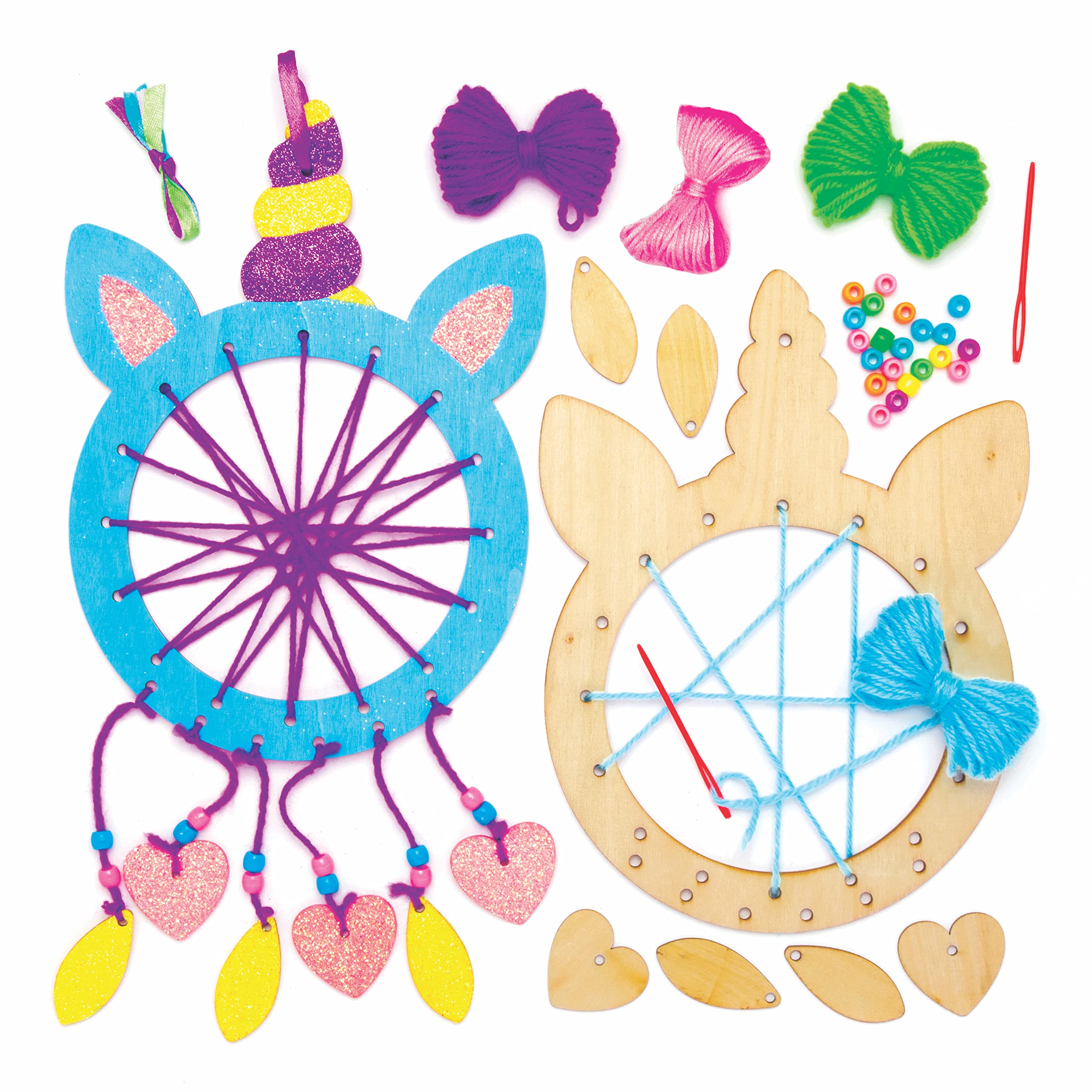 Baker Ross AT721 Wooden Unicorn Dream Catcher Kits - Pack of 4, Create your own Dreamcatcher Kits for Kids Arts and Crafts, Wall Decorations and an Introduction to Sewing, Blue,Green,Pink,Purple