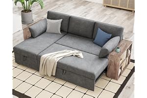 AMERLIFE Sleeper Sofa, Pull Out Sofa Bed with 2 Cabinet Armrest, L Shape Sectional Couch Bed with Storage Chaise-Grey Couch