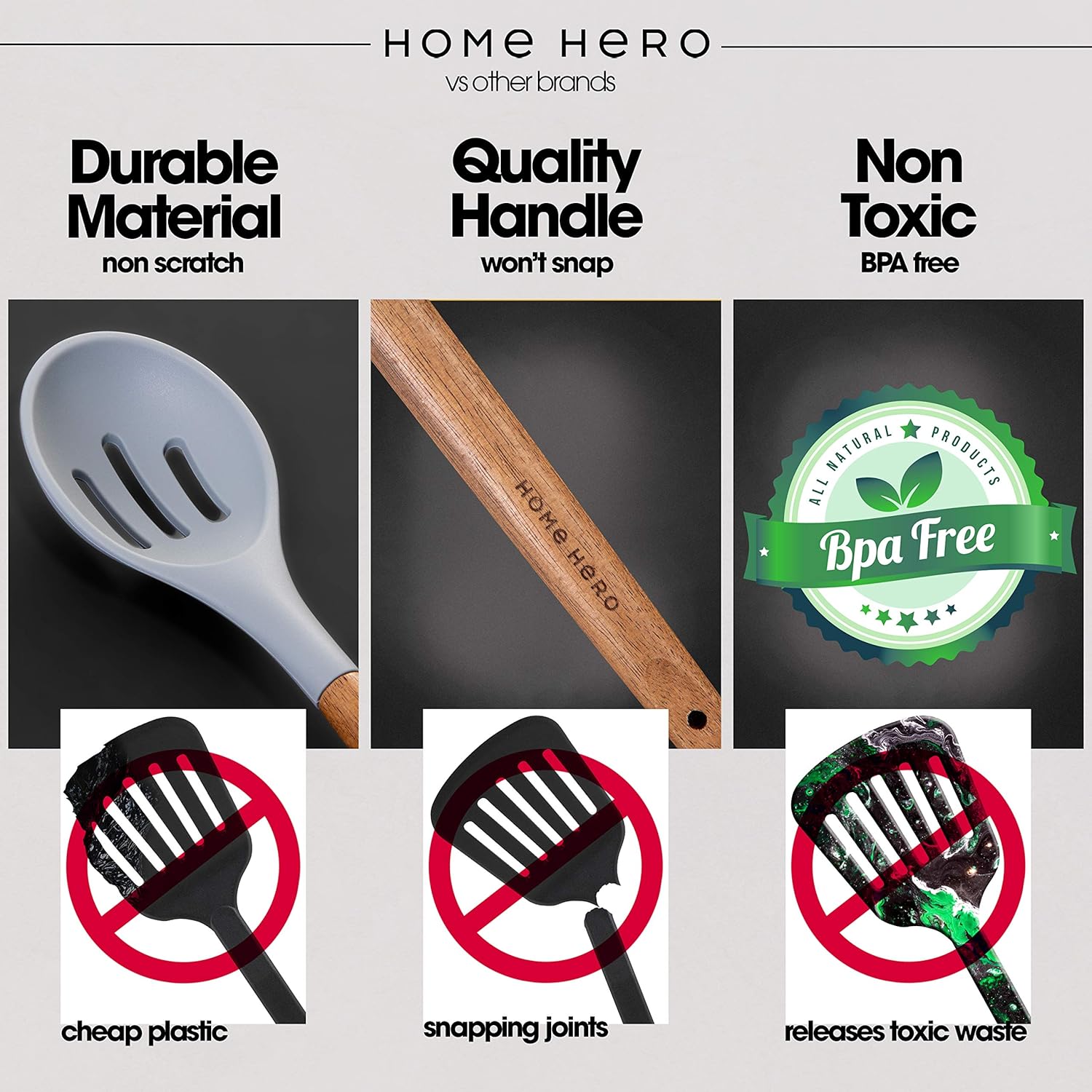 Home Hero Silicone Cooking Utensils Kitchen Utensil Set - 8 Natural Acacia Wooden Silicone Kitchen Utensils Set - Silicone Utensil Set Spatula Set - Silicone Utensils Cooking Utensil Set: Kitchen & Dining