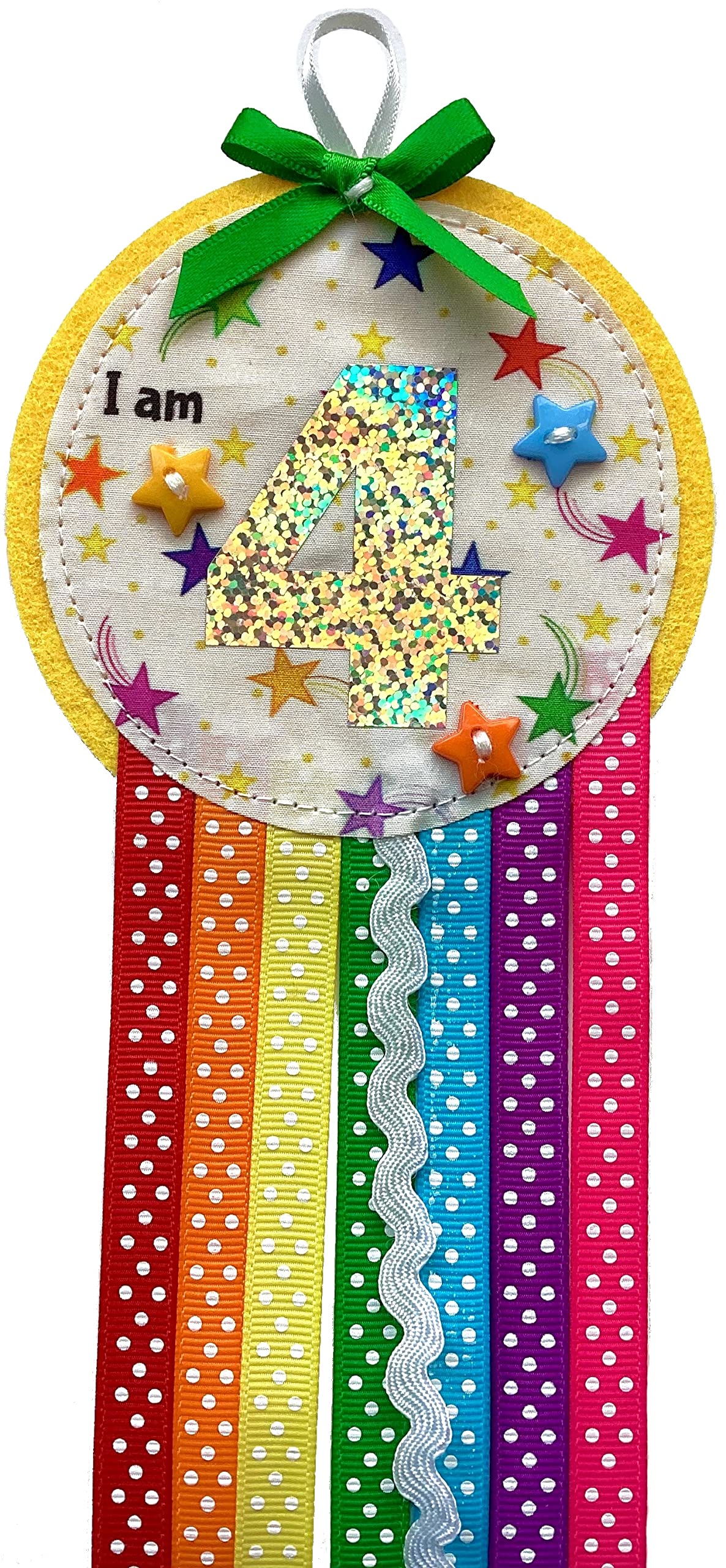Ditsy Rosettes Rainbow Birthday Rosette Badge - Age 3, 4, 5, 6, 7, 8, 9 - Perfect Party Gift card – Birthday Boy, Birthday Girl (STARS - Age 4)
