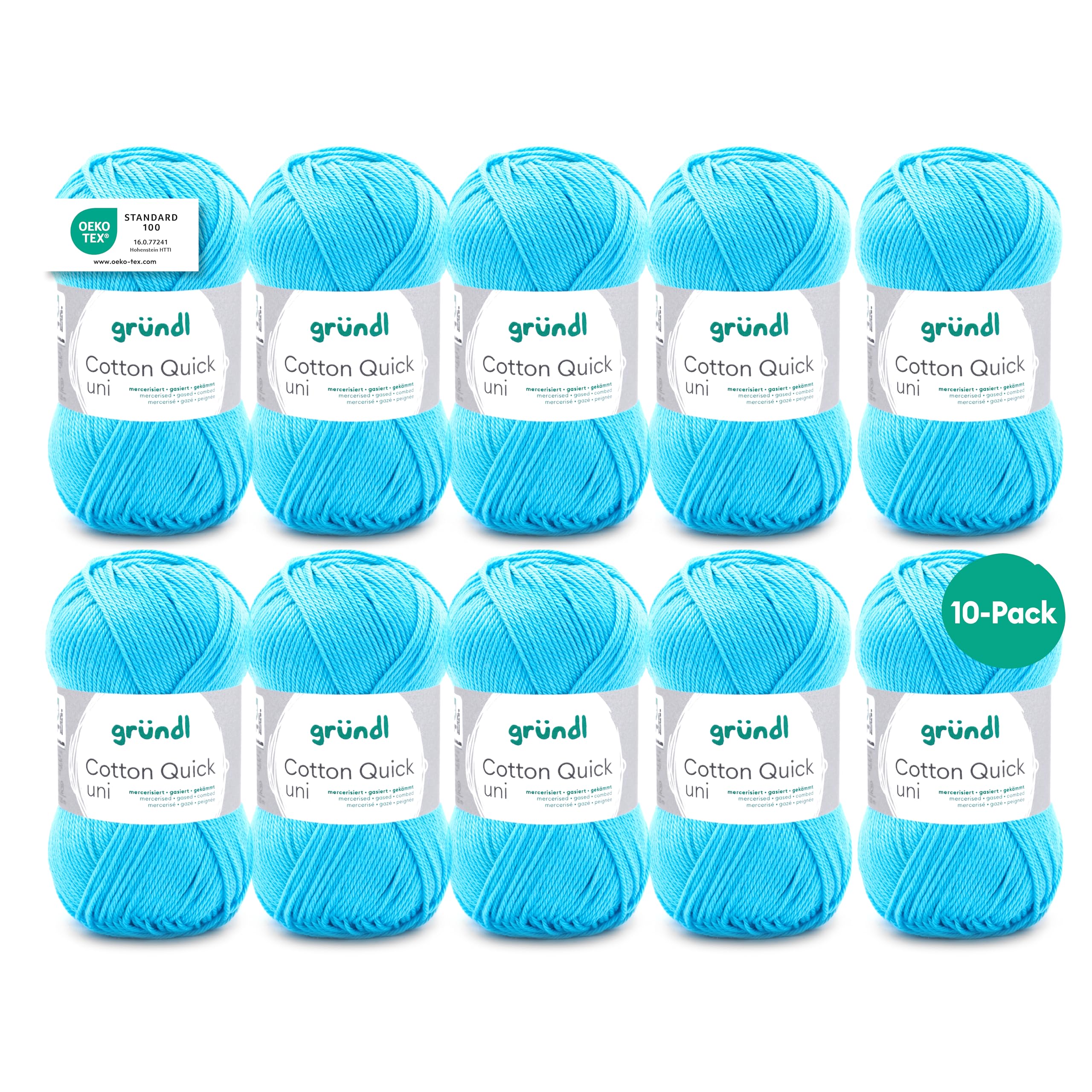 Gründl Wool Cotton Quick Plain - Thin Wool for Crocheting - Knitting Yarn - Crochet Yarn - Shiny and Skin Friendly - 100% Cotton - 10 Balls 50 g / 125 m - Needle Size 3-4 - Aqua Blue