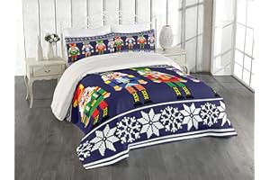 Lunarable Nutcracker Coverlet, Colorful Retro Style Pattern with Xmas and Scandinavian Motifs, 3 Piece Decorative Quilted Bedspread Set with 2 Pillow Shams, Queen Size, Indigo White