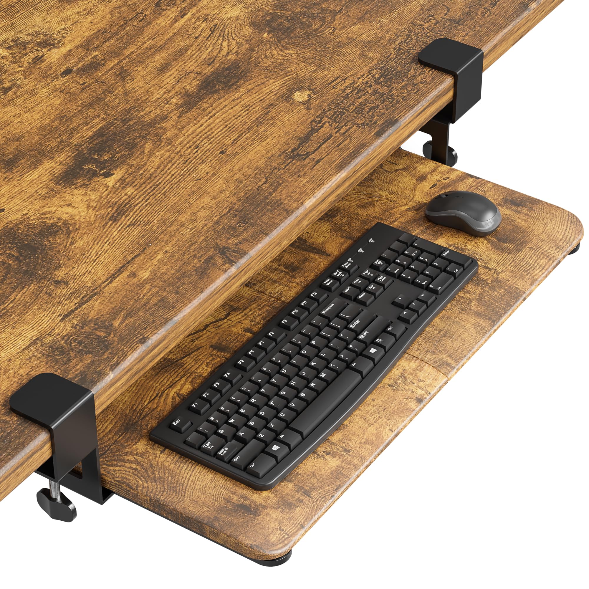 Photo 1 of BONTEC KMT01 Under Desk Keyboard Tray, Pull-Out Keyboard & Mouse Platform with C-Clamp, 25.6 x 11.8 in Space-Saving Ergonomic Slide-Out Drawer, Rustic Brown