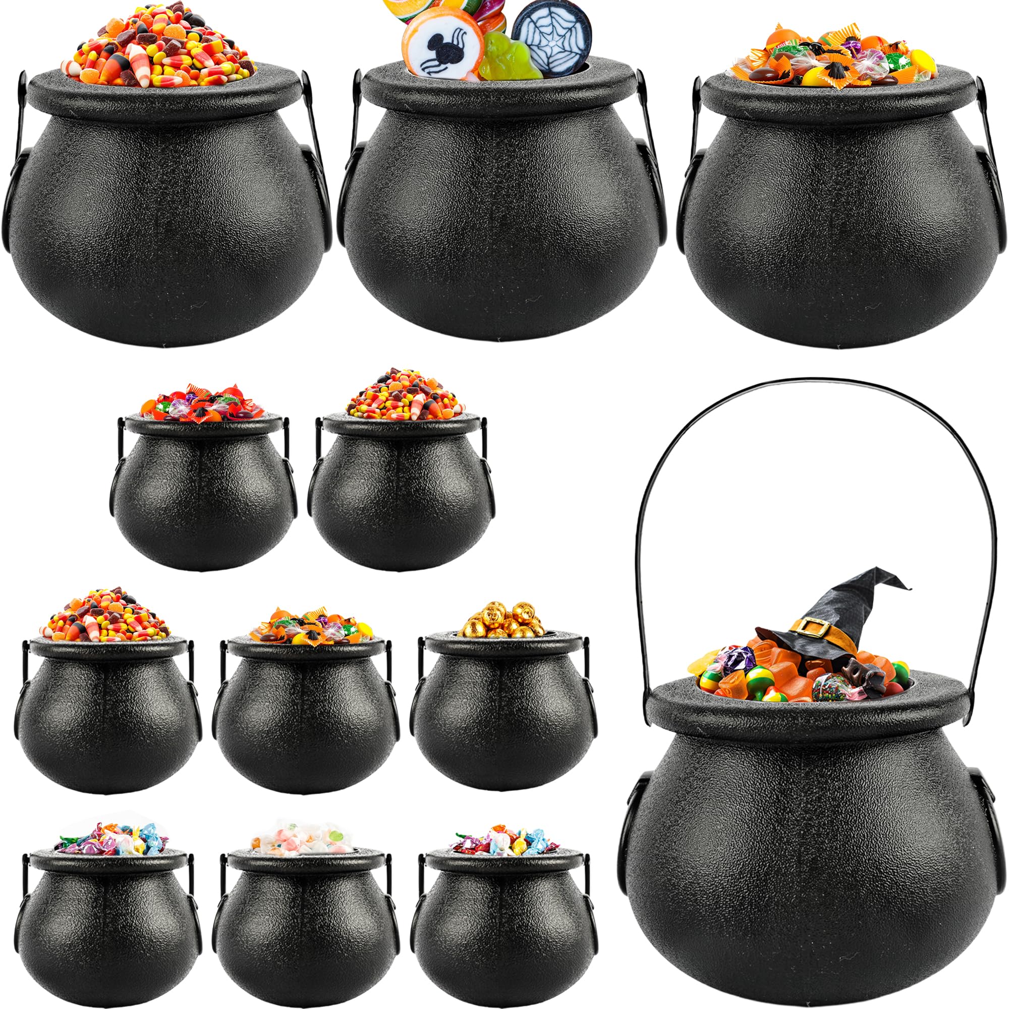 Photo 1 of 12 Pcs Black Witch Cauldron with Handle Plastic Candy Kettle Bucket for Halloween Day Kid Birthday Party Favor