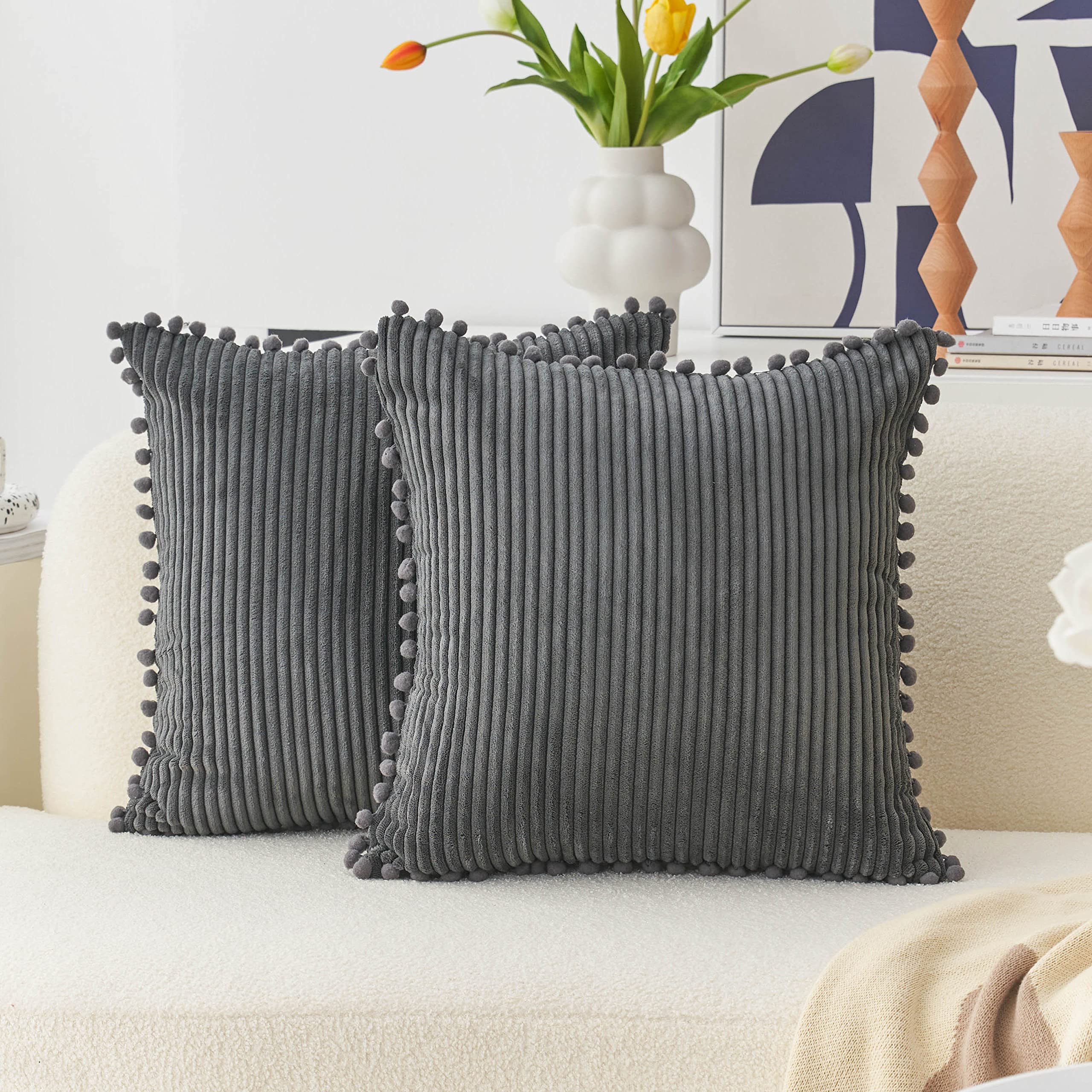 Home Brilliant Dark Grey Cushion Covers Charcoal Sofa Seat Cushion Covers with Pom Poms, 45 x 45 cm, 18 inch, 2 Pcs, Dark Grey