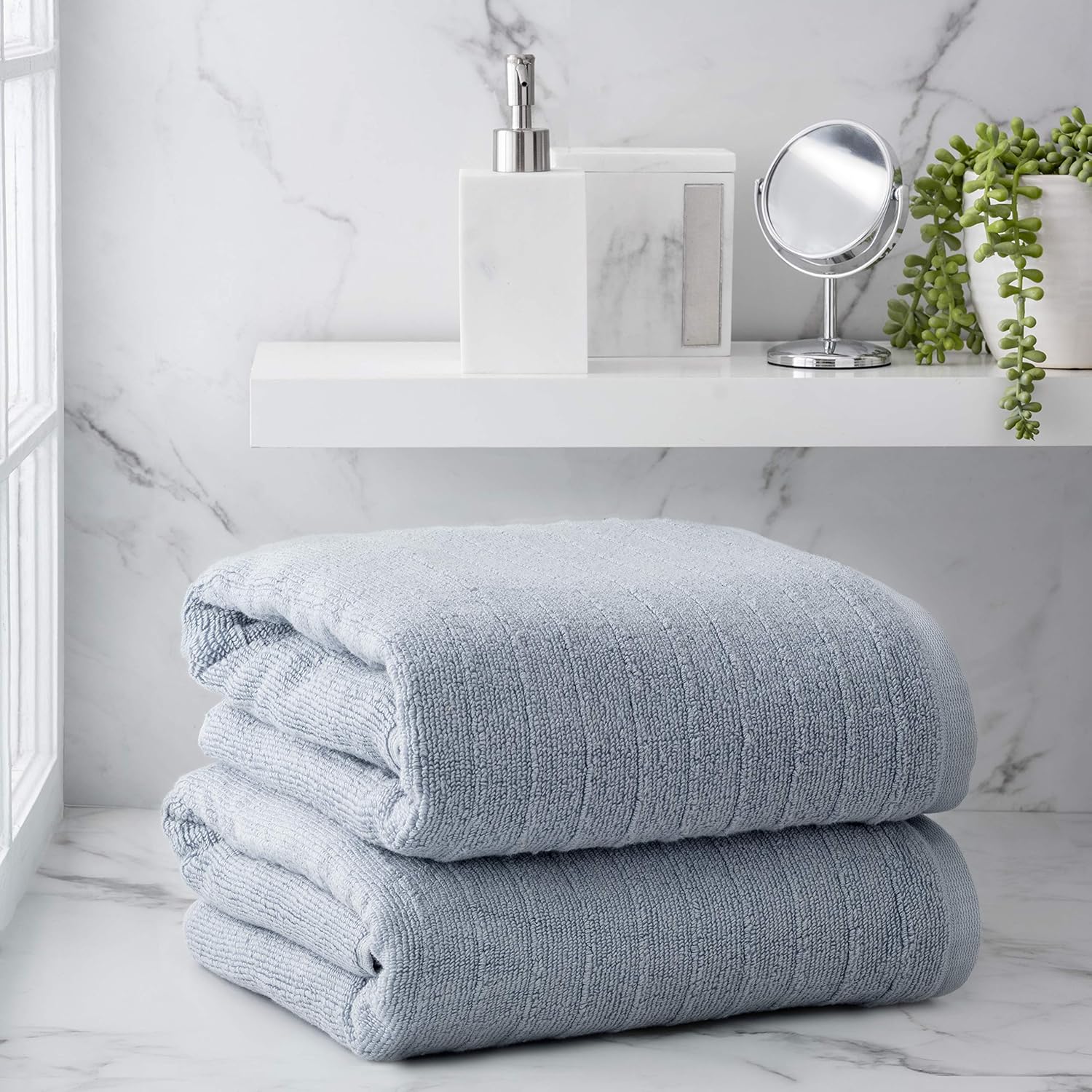 Welhome James 100% Cotton 2 Piece Bath Sheets | Dusty Blue | Stripe Textured | Supersoft & Durable | Highly Absorbent & Quick Dry | Ideal for Everyday Use | 450 GSM | Machine Washable: Home & Kitchen