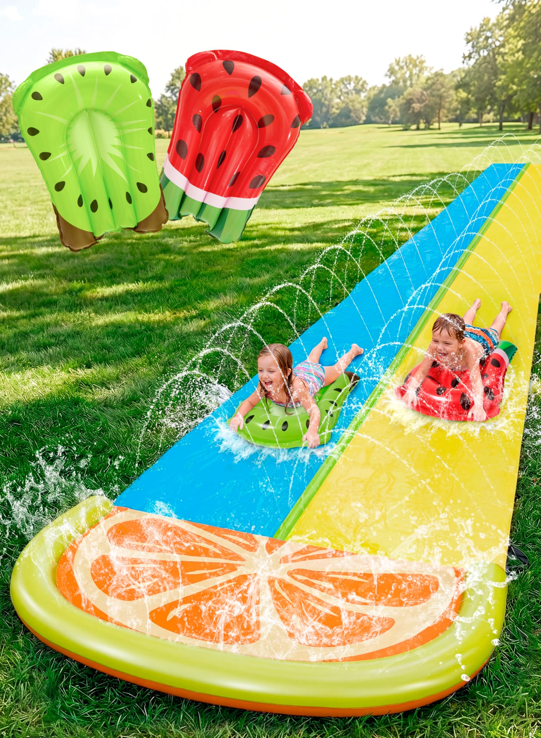 Sloosh 22.5ft/685.8cm Water Slides with 2 Inflatable Boards, Double Lane Lawn Water Splash Slip and Slide with Advanced Sprinklers Summer Toy for Kids Adults Fun Backyard Summer Outdoor, Orange