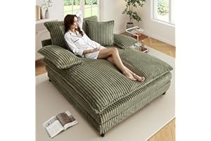 WESTSETLUX 54.8" W Oversized Chaise Lounge Chair Indoor with 5-Position Adjustable Backrest, Corduroy Sleeper Sofa Bed with 3 Pillows, Modern Cloud Couch Chair for Living Room, Bedroom, Green
