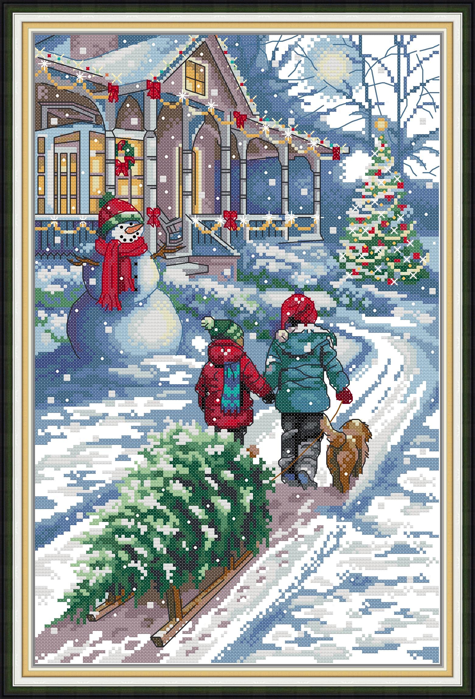 ABEUTY Cross Stitch Kits Christmas Snow Scene Tree for Adults Pre Printed or NOT, DIY 14 Count Embroidery Sewing Starter Kit Stamped or Unstamped DMC Needlework Easy Beginners (Stamped)