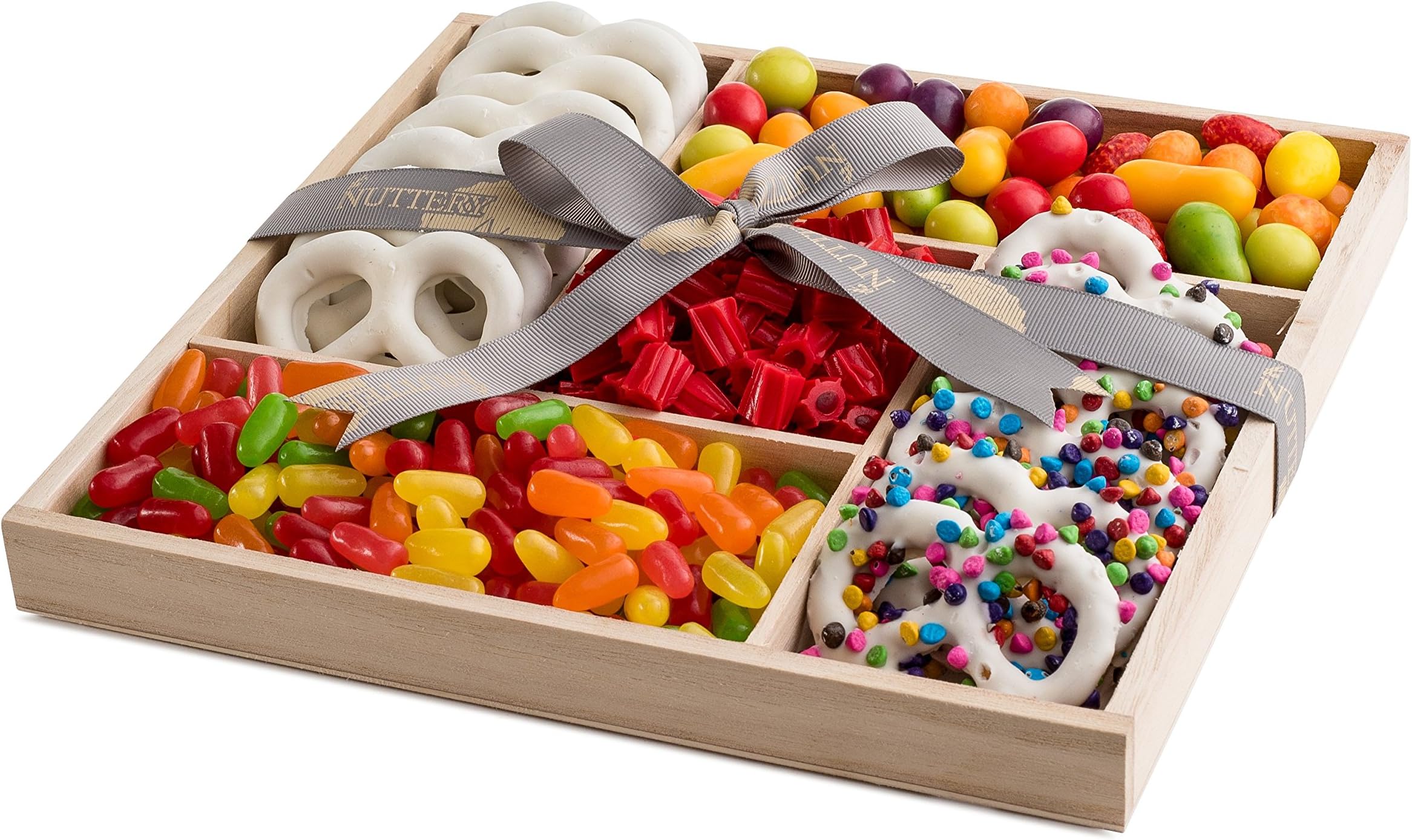The Nuttery Deluxe Wooden 5 Section Candy and Chocolate Rainbow Colored Sweet Delights Gift Basket