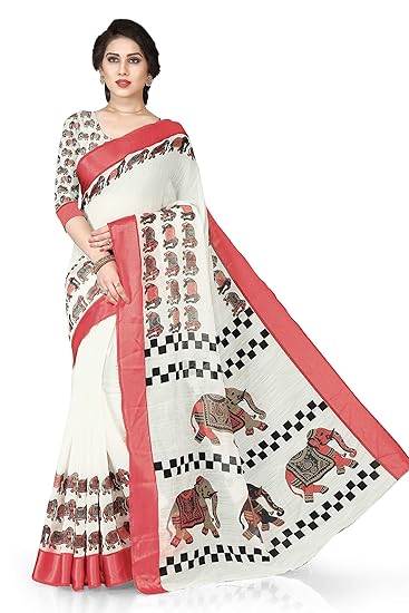 Traditional Poly Cotton Airawat Print Pattern Saree For Women With Un-Stitched Blouse Piece