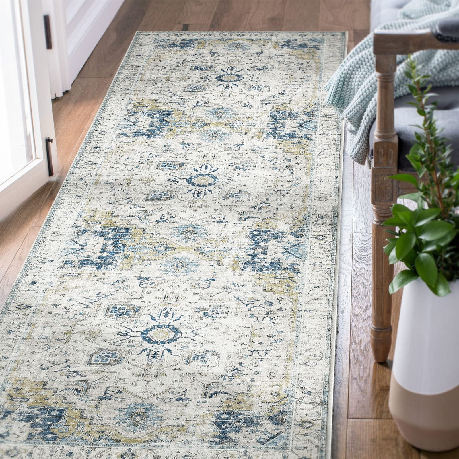 TOPICK Runner Rug Washable 60x150cm Doormat Light Blue Entryway Indoor Vintage Print Rug Lightweight Non Slip Carpet for Kitchen Bathroom