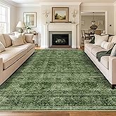 8x10 Washable Area Rug Vintage Green Rug for Living Room Bedroom Low Pile Soft Non-Slip Boho Rug for Under Table Boho Distressed Retro Carpet for Bedroom Kitchen Office Dining