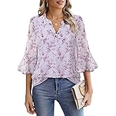 VALOLIA Womens 3/4 Sleeve Tops Dressy Casual Chiffon Blouses Floral Print V-Neck Work Office Shirts