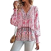 LONGBIDA Women’s V Neck Boho Long Sleeve Top Shirts Drawstring Casual Elastic Cuffs Floral Print Blouses