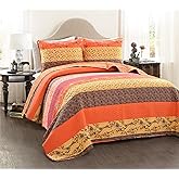 Lush Decor Royal Empire Reversible Cotton Quilt Set, 3 Piece Set Full/ Queen, Tangerine - Striped Bedding Set - Floral Quilt Queen Size - Orange Bedding - Boho Decor