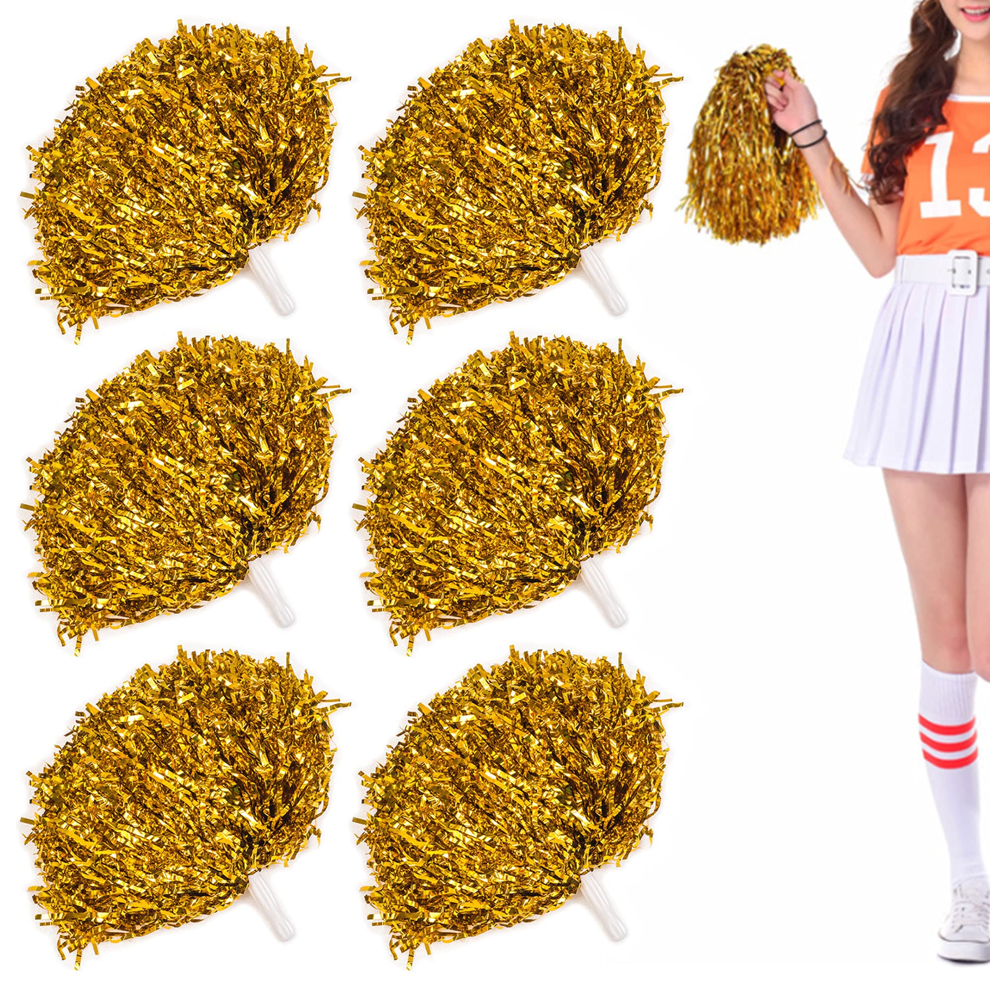 Niuhong 6 Pieces Cheer Leader Poms Pom Bright Metallic Cheers Ball Squad Cheer Sports Colours Pompoms Hand Flower Bands Spirit Cheering Pom Colours Accessories Cheerleading Sports Games Team (Golden)