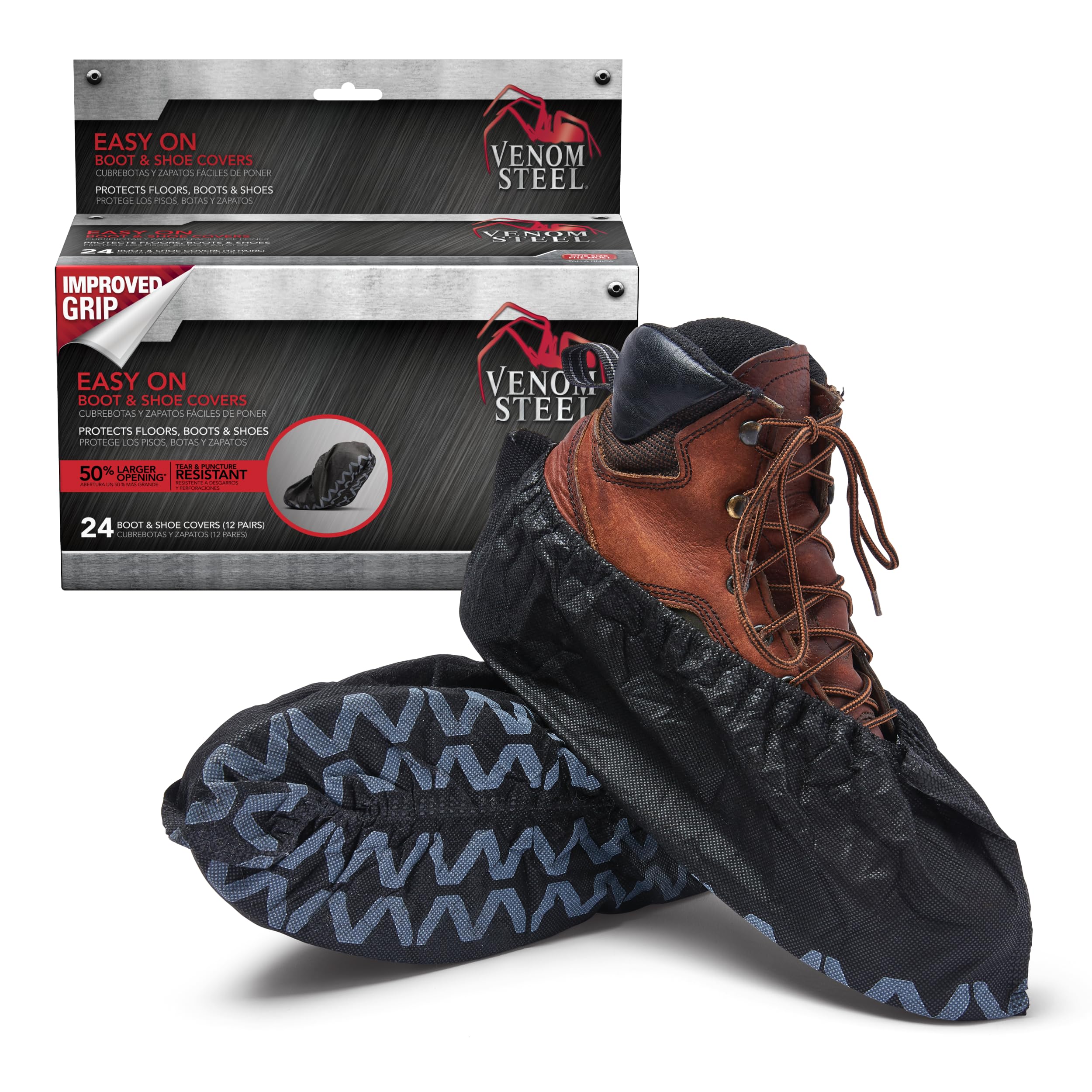 Venom Steel Boot and Shoe Covers, Tough, Easy On, Fits Over Boots, Improved Grip, Value Pack, 12 Pairs Per Box