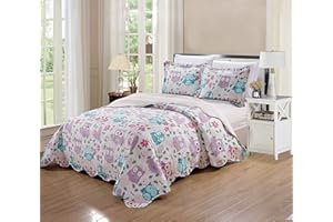 KIDS ZONE HOME LINEN Kids Zone Collection Bedspread Set wls Pink Purple Aqua Blue Singing Owl Music Notes Hearts Flower Leaves for Girls/Teens Multi-Color New # Owl (Full/Queen)