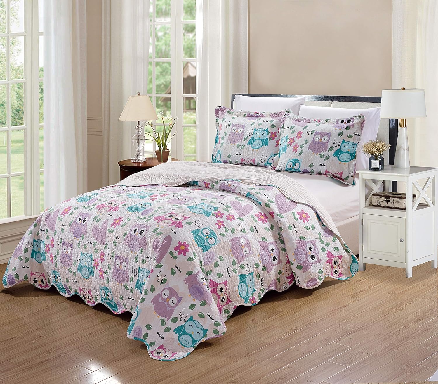 Kids Zone 2 Piece Twin Bedspread Set for Girls/Teens Multi-Color Owls Pink Purple Aqua Singing Owl Music Notes Hearts Flower Leaves New