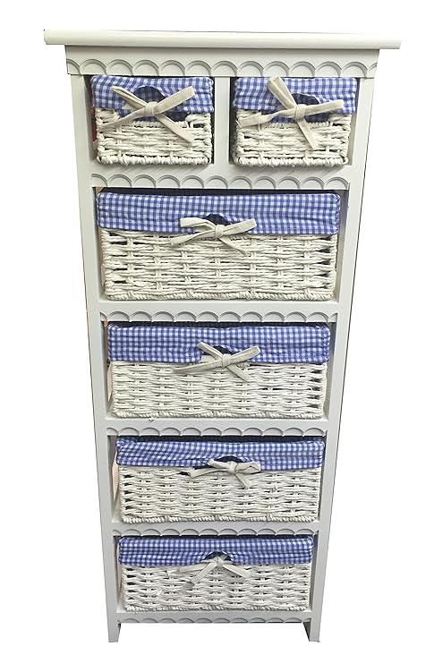 Storage Unit 6 Drawer Wooden Wicker Baskets White Cabinet
